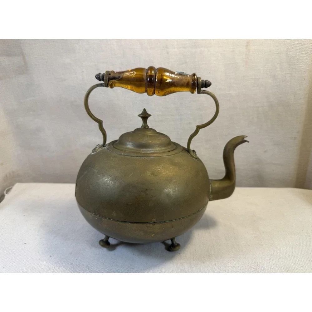 Antique‎ Brass Teapot with Amber Handle, Footed Round Kettle, Vintage